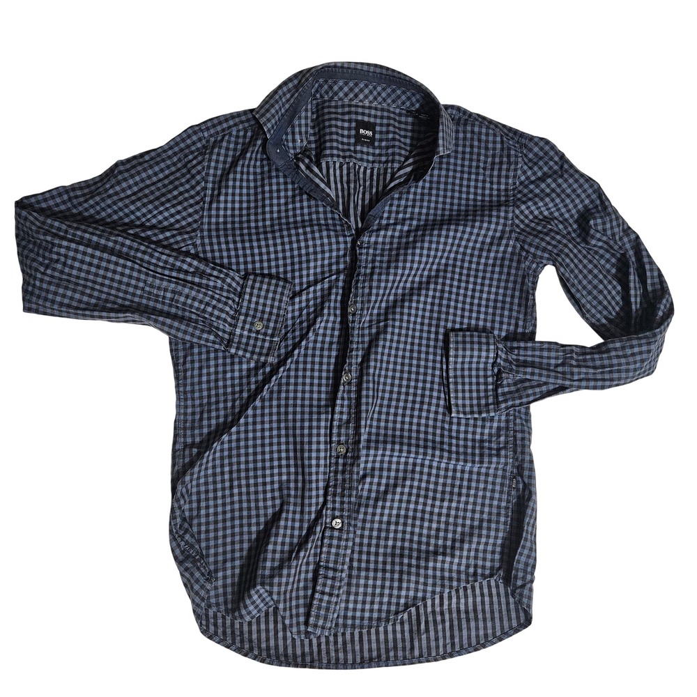 Hugo Boss Slim Fit Gingham Shirt Mens Medium Blue Black Check Button Down
